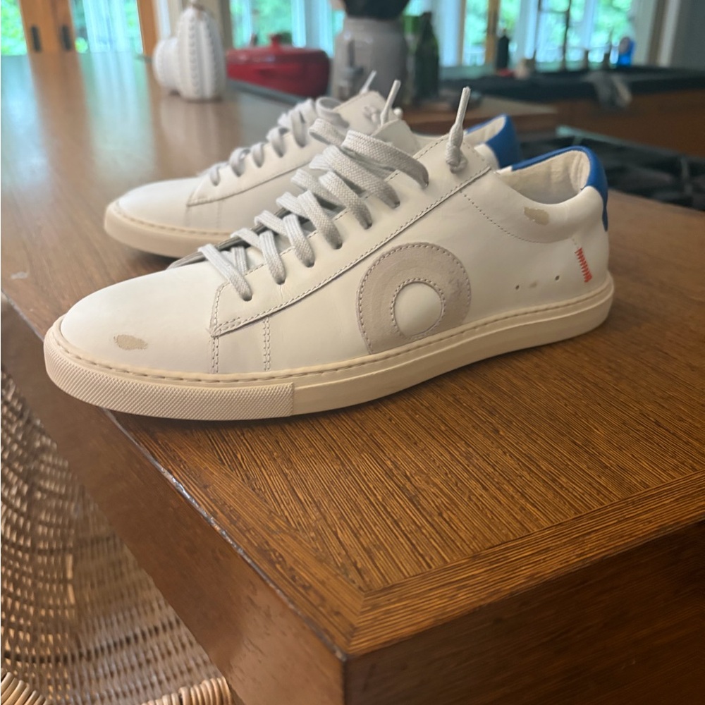 Oliver Cabell White Leather Sneakers with Blue Heel Accent